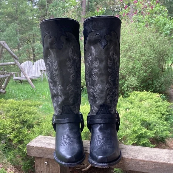 FRYE Boots LILY HARNESS Leather Suede Black Gray Embroidered Western Size 7.5 - Picture 3 of 13